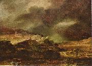 Rembrandt, Stadt auf einem Hogel bei sturmischem Wetter